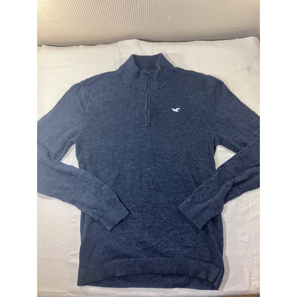 Hollister Mens Quarter Zip Sweater Navy Blue Cotton Blend Medium Knit Pullover